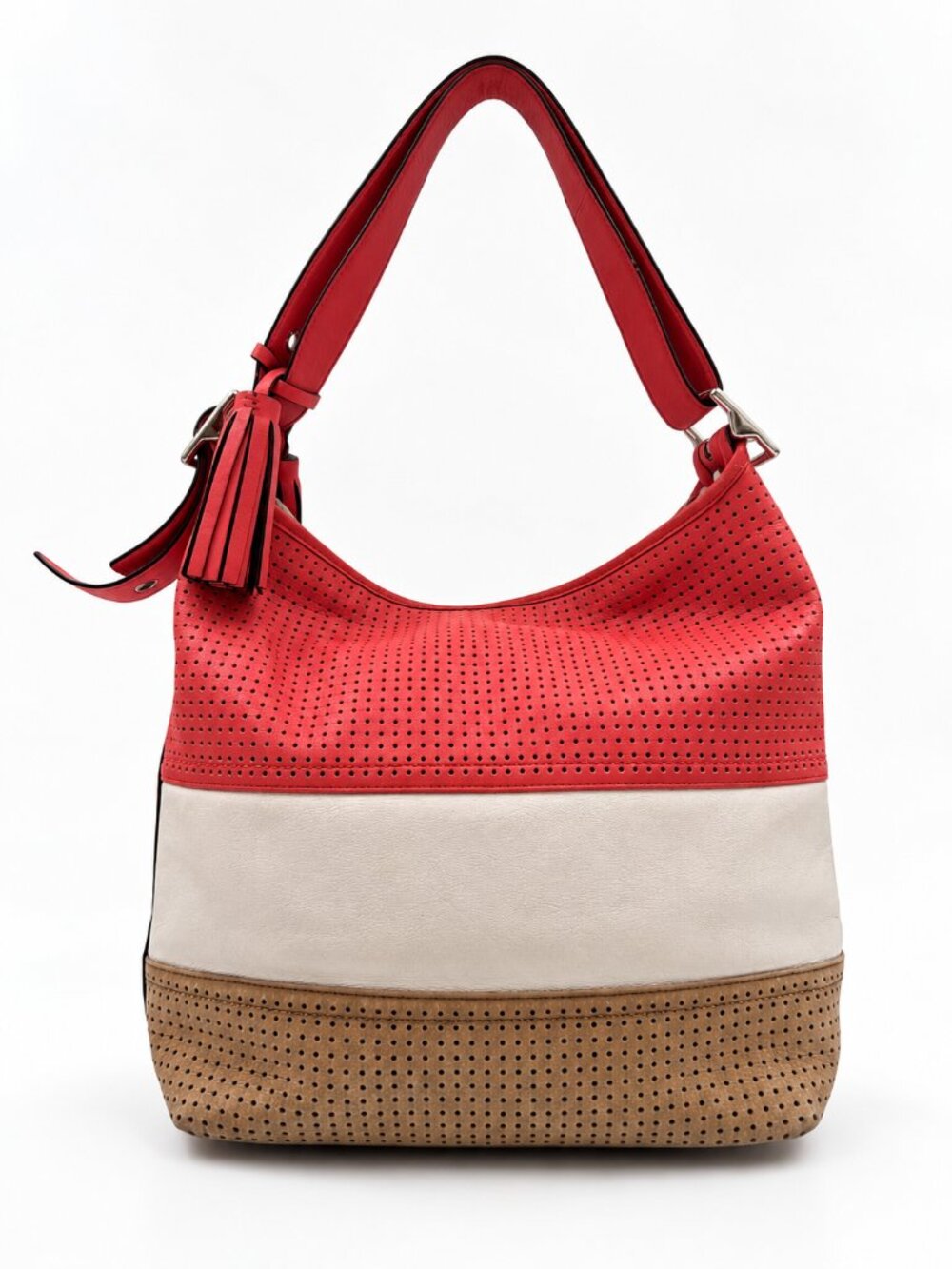 Coach Colorblock Perforated Leather Hobo Shoulder Bag Red White Tan Tassel